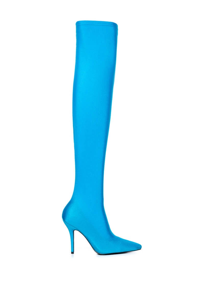 Side View Azalea Wang Star Stretch Thigh High Stiletto Boot In Turquoise