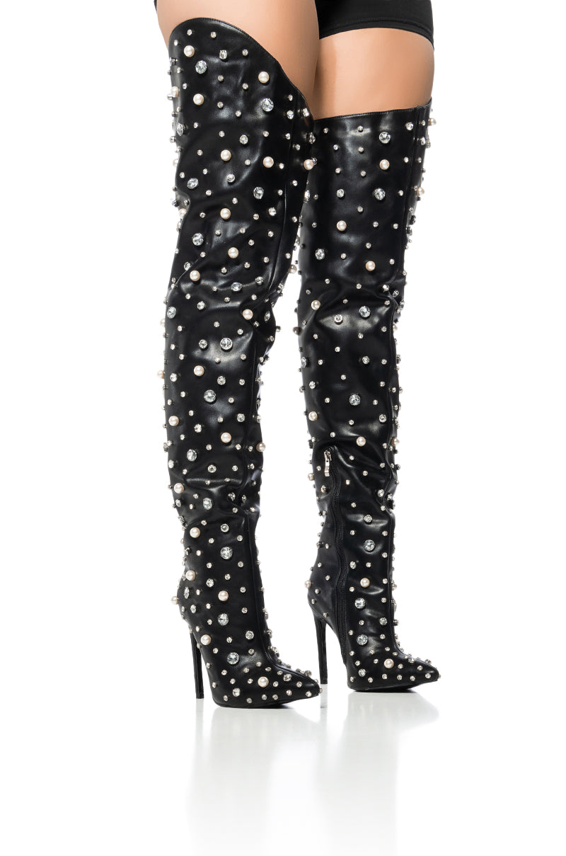 Front View Azalea Wang Starling Black Embellished Boot