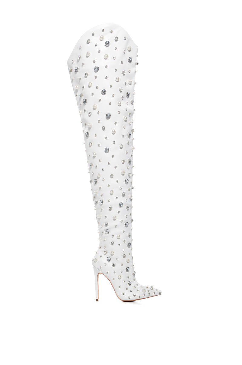 Side View Azalea Wang Starling White Embellished Boot