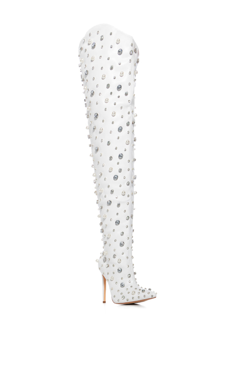 Back View Azalea Wang Starling White Embellished Boot