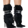 Front View Azalea Wang Staten Black Fuzzy Embellished Bootie