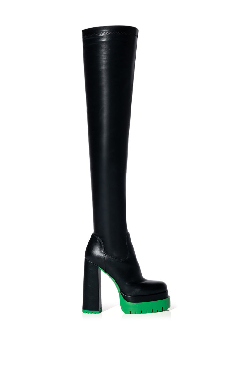 Side View Azalea Wang Step Up Thigh High Faux Leather Boot In Green