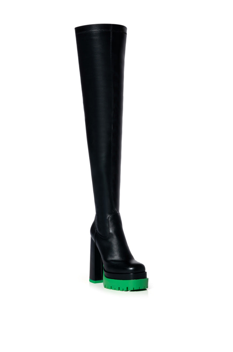 Back View Azalea Wang Step Up Thigh High Faux Leather Boot In Green
