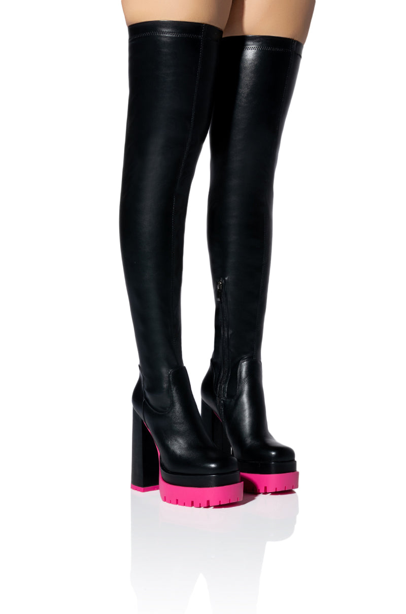 Front View Azalea Wang Step Up Thigh High Faux Leather Boot In Pink
