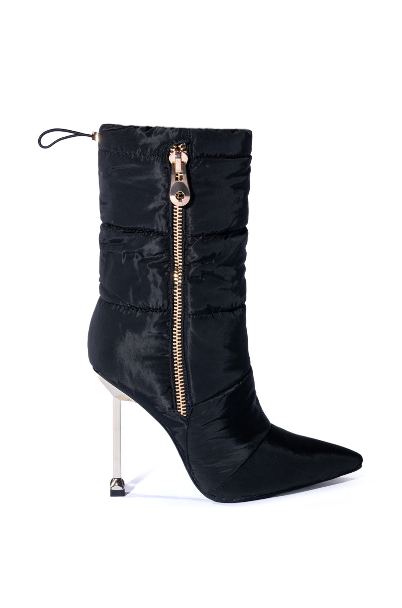 Side View  Azalea Wang Stepping Out Stiletto Puffer Bootie In Black