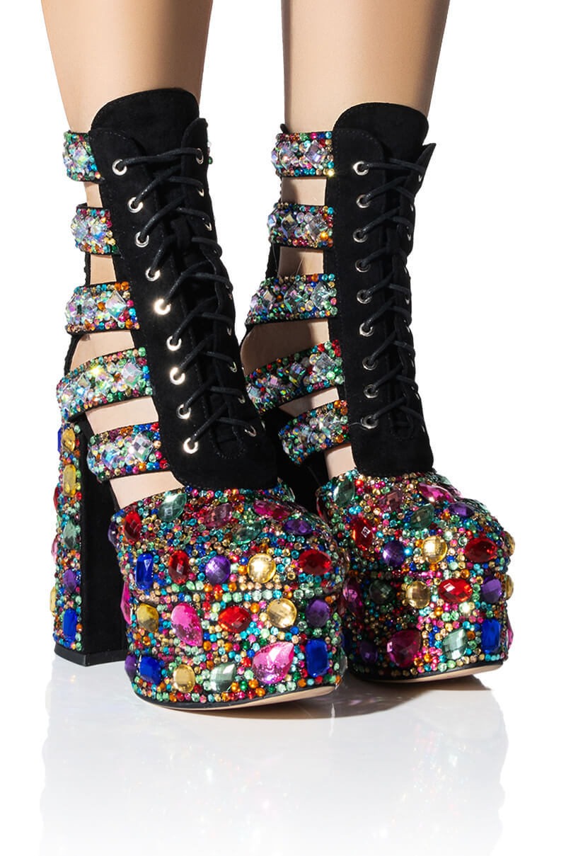 Front View Azalea Wang Stomp Embellished Lace Up Bootie In Multi