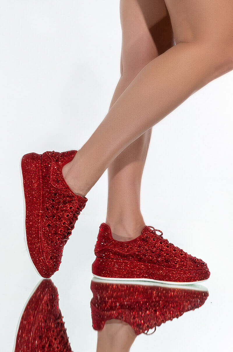 Front View Azalea Wang Stop And Stare Flat Sneaker In Red 0