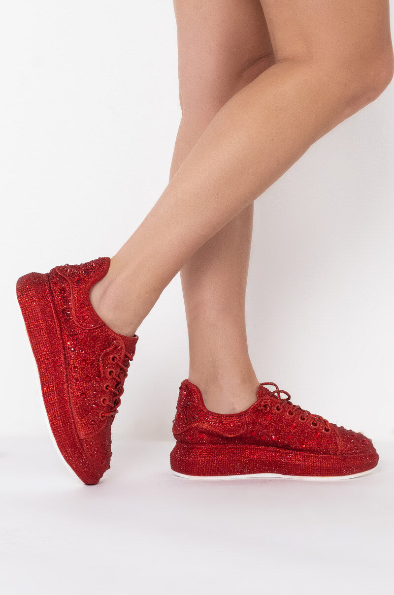 Side View Azalea Wang Stop And Stare Flat Sneaker In Red 1