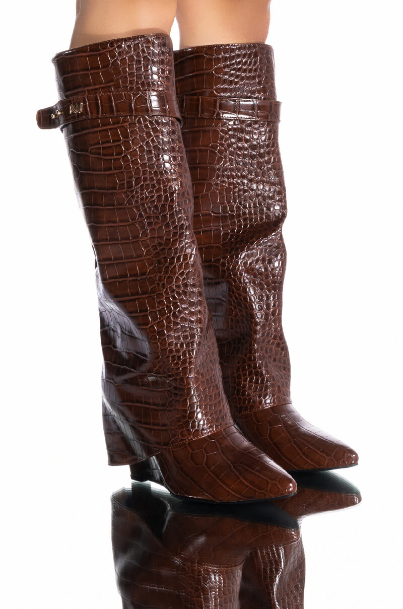 Front View Azalea Wang Stuck On You Fold Over Wedge Boot In Brown Croc 0