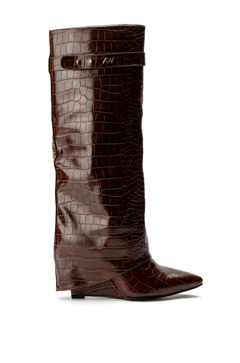 Side View Azalea Wang Stuck On You Fold Over Wedge Boot In Brown Croc 1