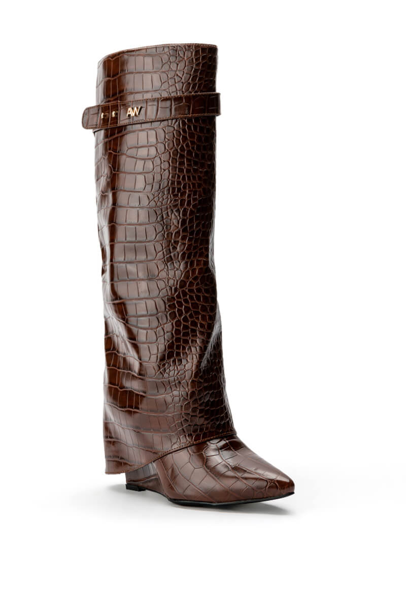 Back View Azalea Wang Stuck On You Fold Over Wedge Boot In Brown Croc 2