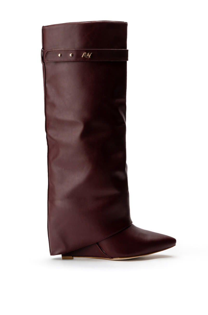 Side View Azalea Wang Stuck On You Fold Over Wedge Boot In Burgundy