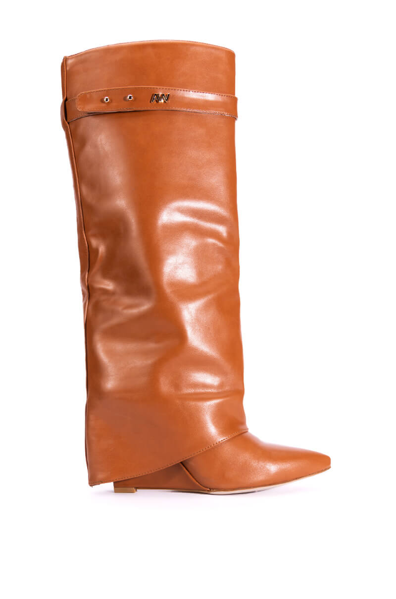 Side View Azalea Wang Stuck On You Fold Over Wedge Boot In Tan
