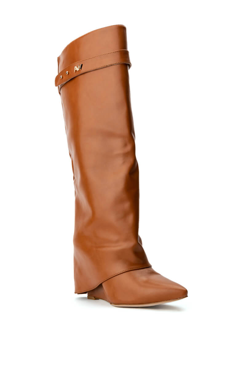Back View Azalea Wang Stuck On You Fold Over Wedge Boot In Tan