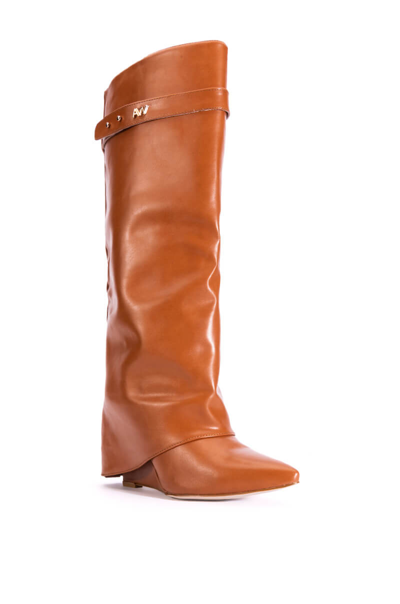 Back View Azalea Wang Stuck On You Fold Over Wedge Boot In Tan