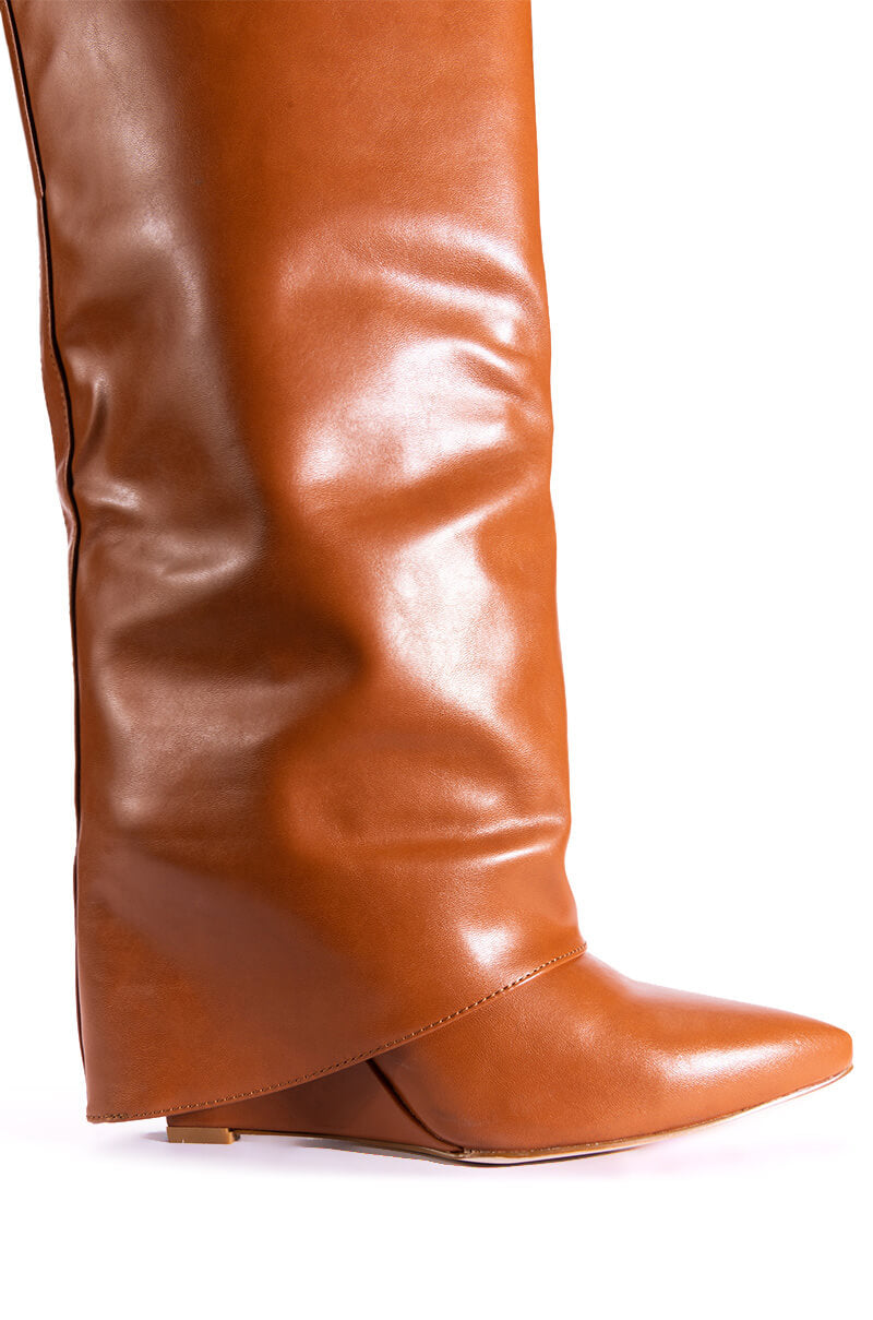 Full View Azalea Wang Stuck On You Fold Over Wedge Boot In Tan