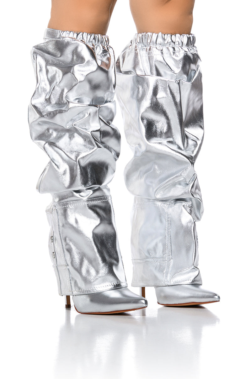Front View Azalea Wang Sutter Silver Metallic Pant Look Boot