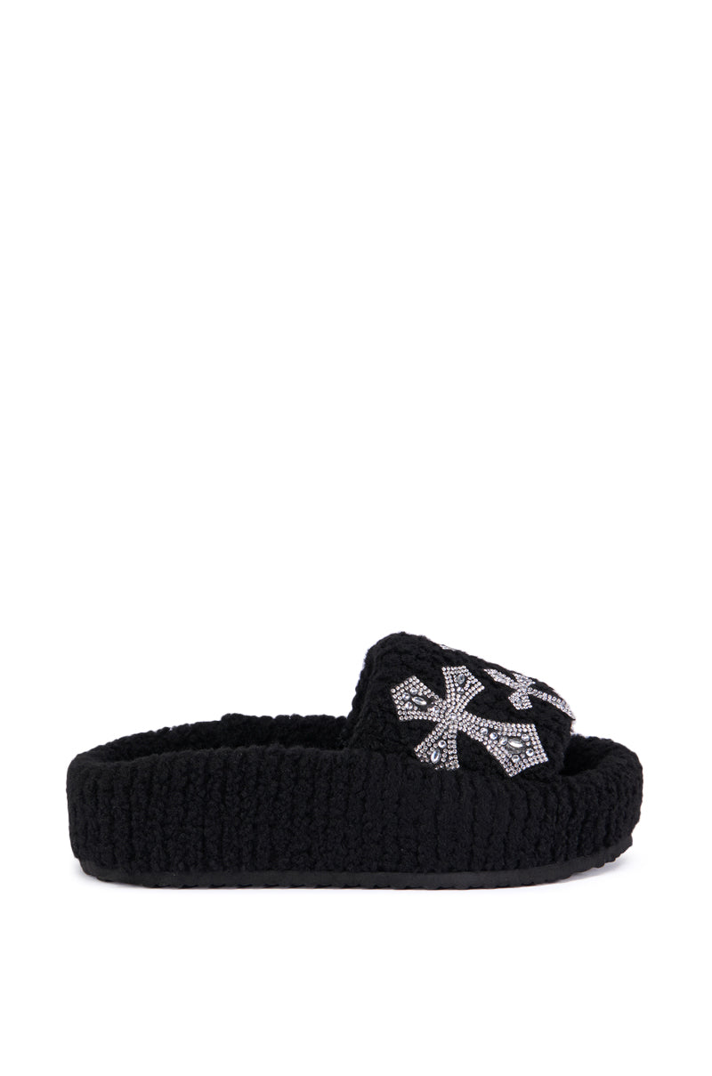 Side View Azalea Wang Suttoned Black Cross Embellished Slip On Sandal