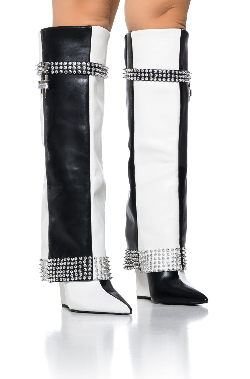 Front View Azalea Wang Swans Black And White Colorblock Studded Boot