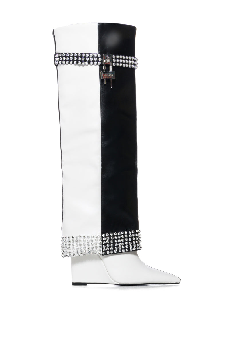 Side View Azalea Wang Swans Black And White Colorblock Studded Boot view 2