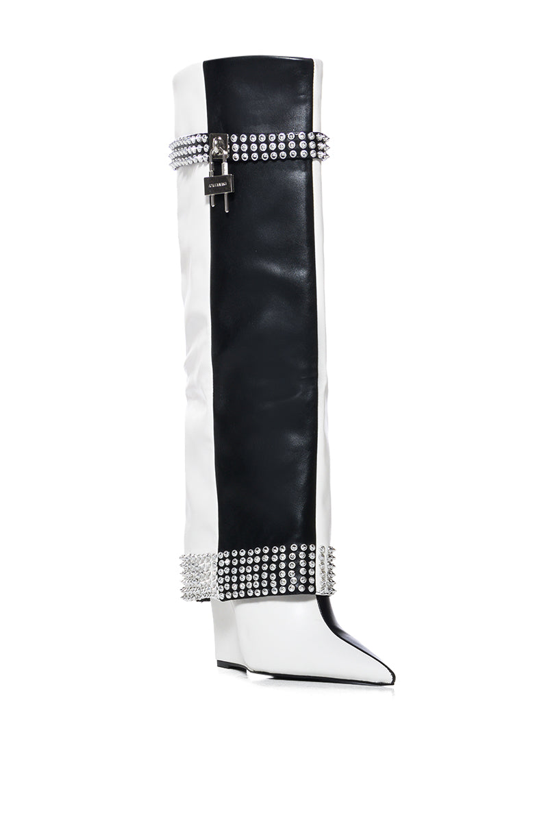 Back View Azalea Wang Swans Black And White Colorblock Studded Boot view 3