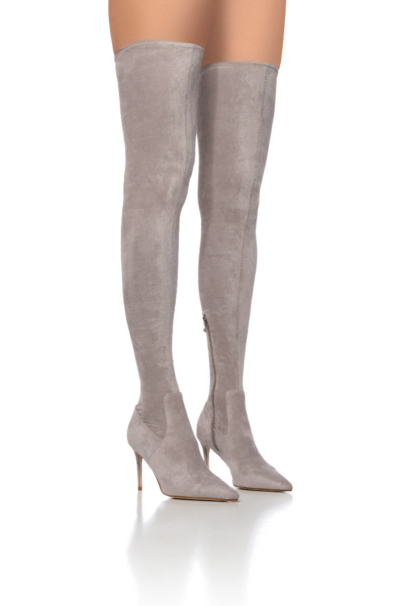 Front View Azalea Wang Swipe Right Suede Thigh High Boot In Gray