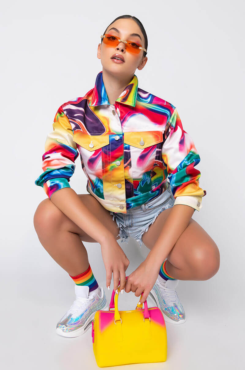 Front View Azalea Wang Swirl Printed Denim Jacket in Multi