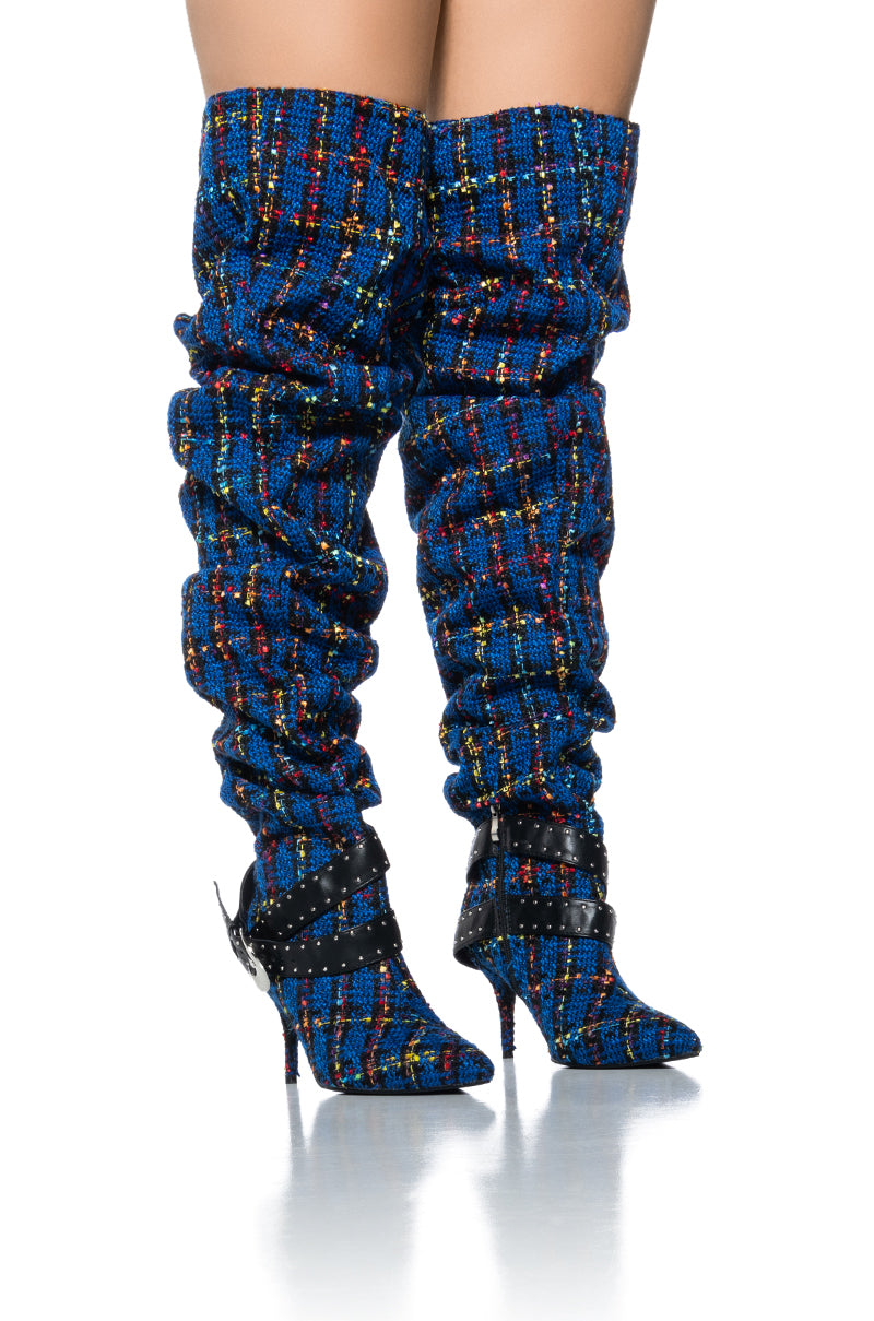 Front View Azalea Wang Taja Plaid Thigh High Boot With Buckle Detail In Blue 0