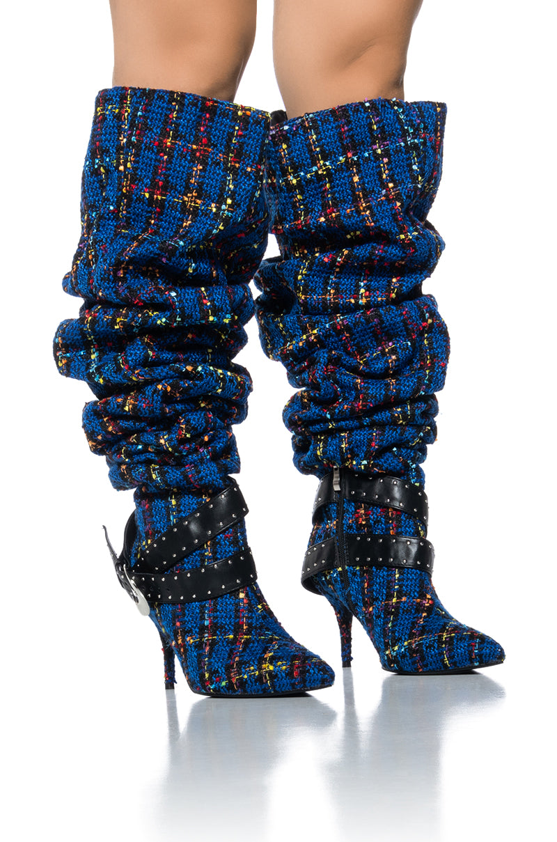 Side View Azalea Wang Taja Plaid Thigh High Boot With Buckle Detail In Blue 1