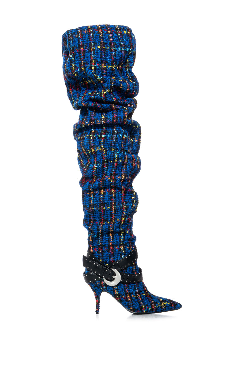 Back View Azalea Wang Taja Plaid Thigh High Boot With Buckle Detail In Blue 2