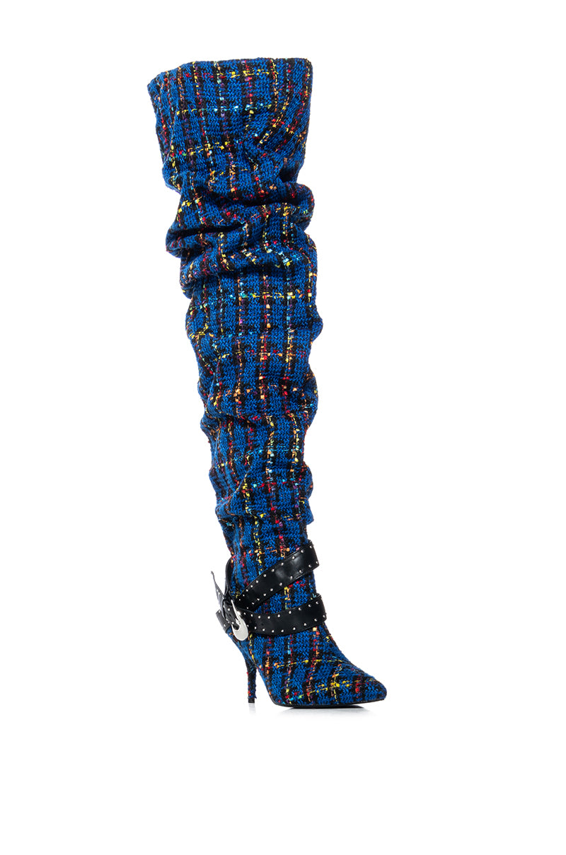 Detail View Azalea Wang Taja Plaid Thigh High Boot With Buckle Detail In Blue 3