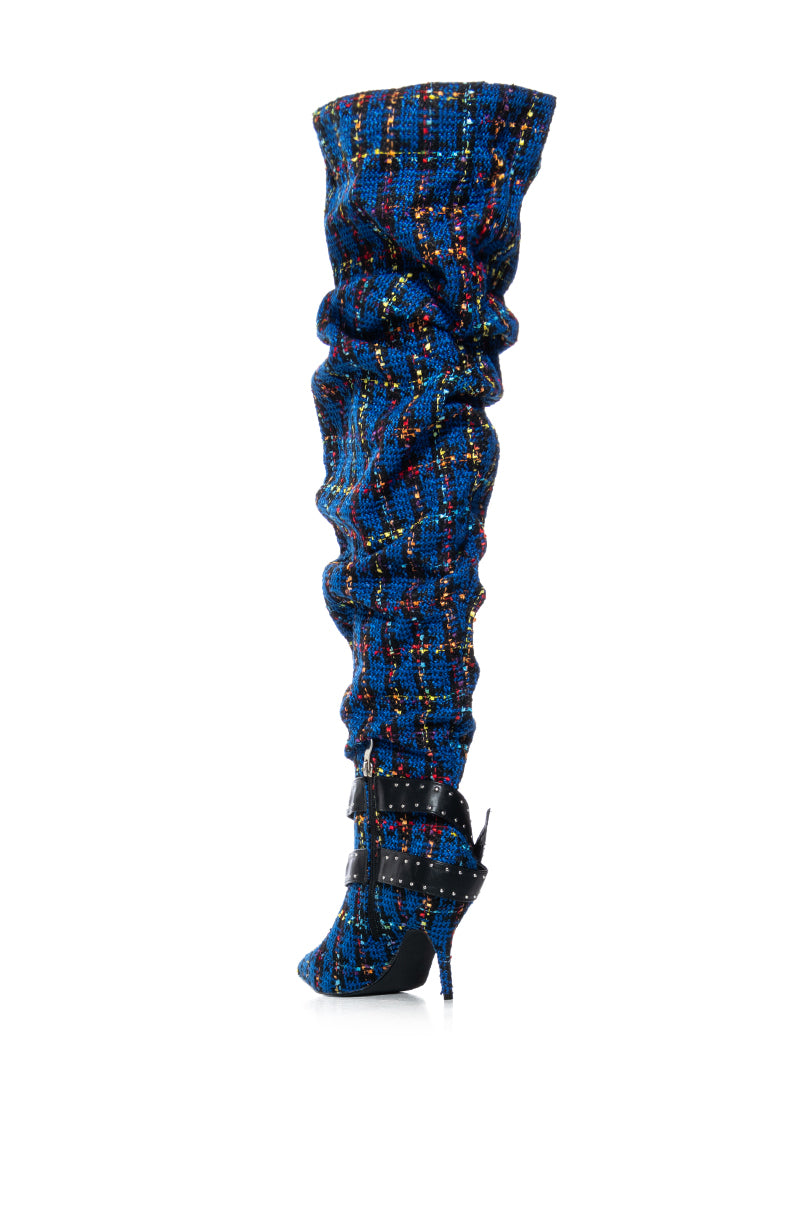 Full View Azalea Wang Taja Plaid Thigh High Boot With Buckle Detail In Blue 4