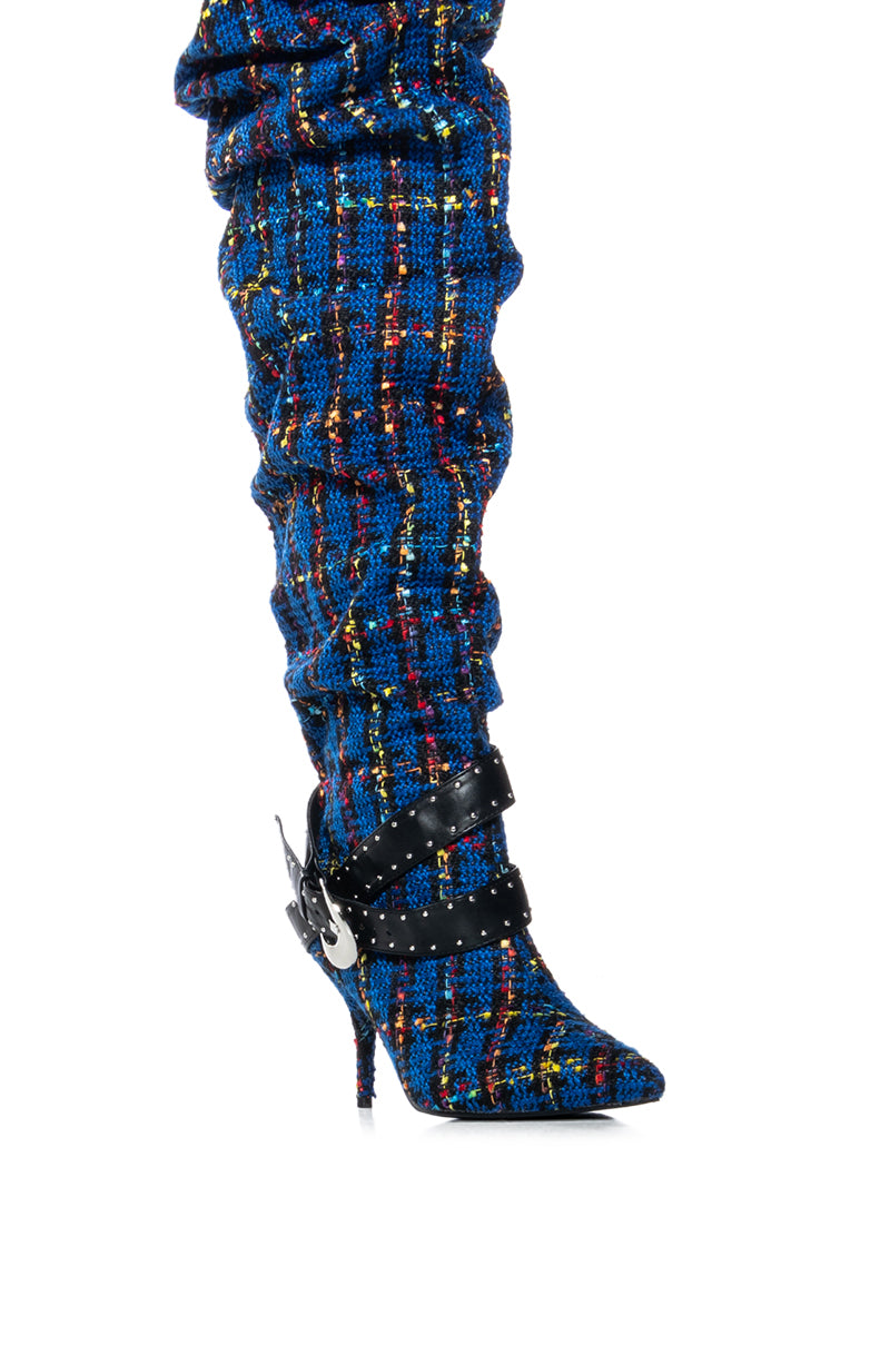 Extra View Azalea Wang Taja Plaid Thigh High Boot With Buckle Detail In Blue 5