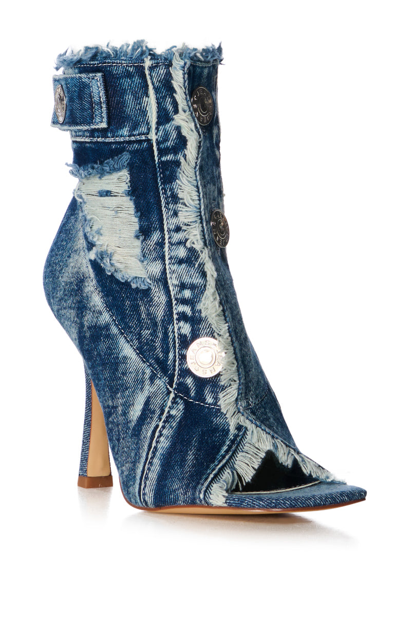 Back View Azalea Wang Tandy Denim Peep Toe Bootie
