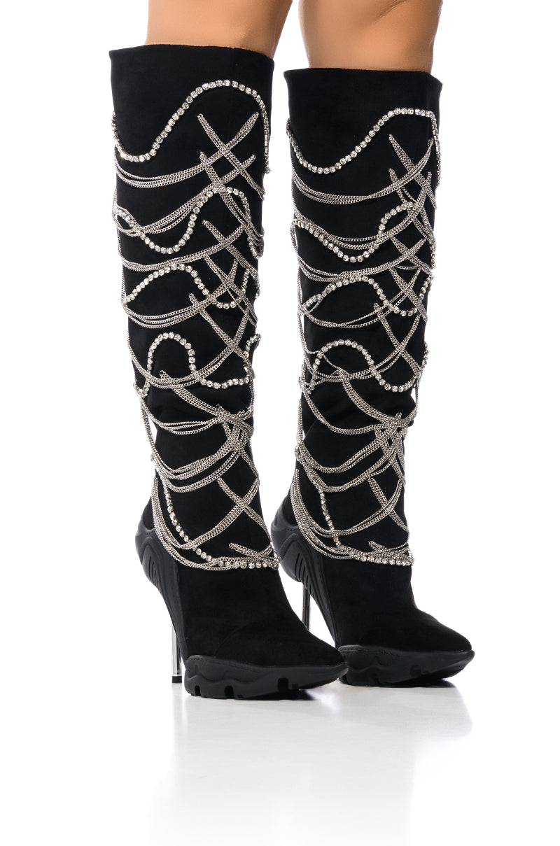 AZALEA WANG TATY BLACK CHAIN EMBELLISHED BOOT view 0