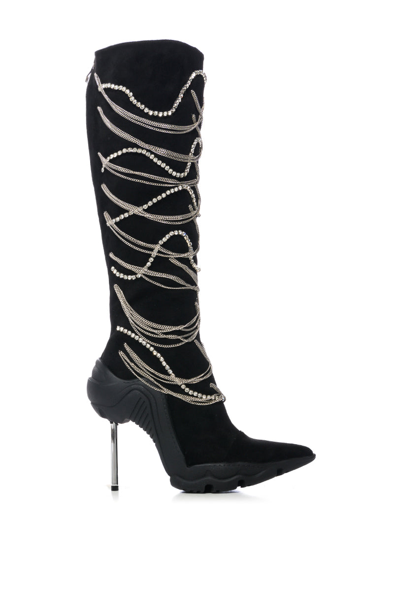 Side View Azalea Wang Taty Chain Embellished Boot In Black