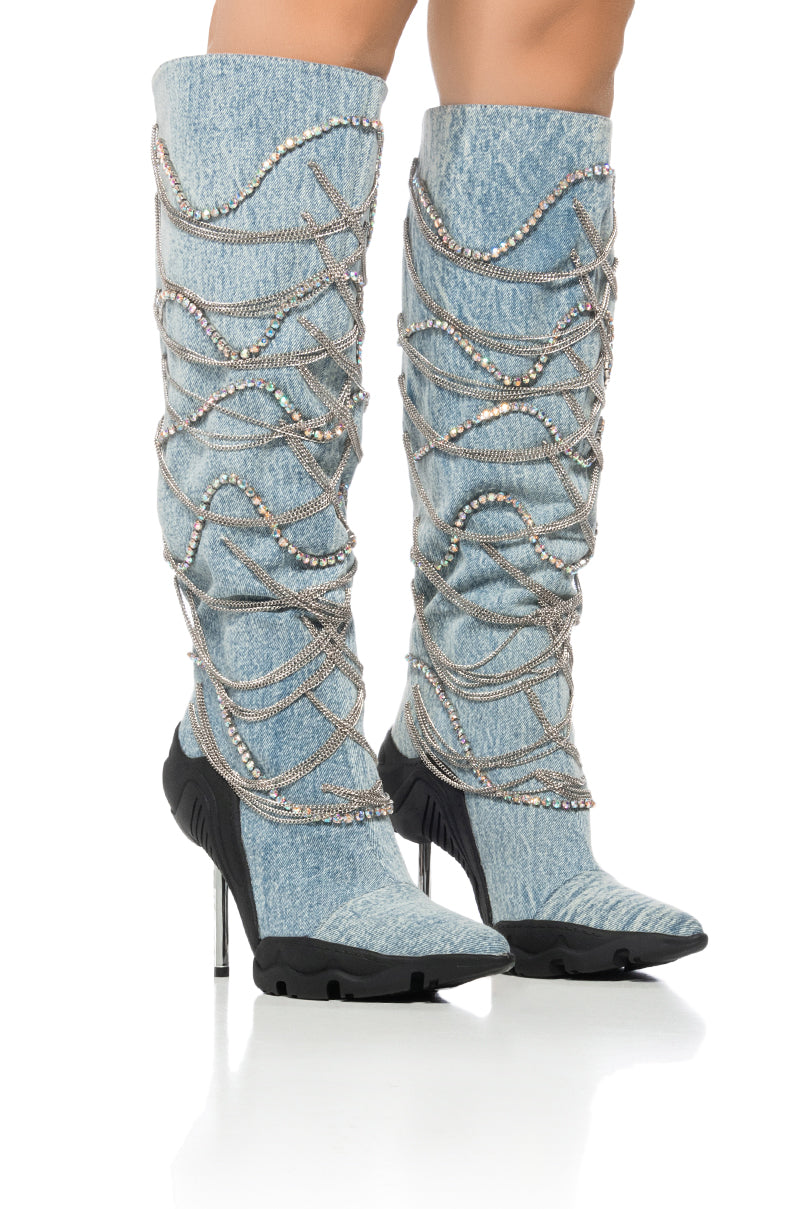 Front View Azalea Wang Taty Denim Chain Embellished Boot