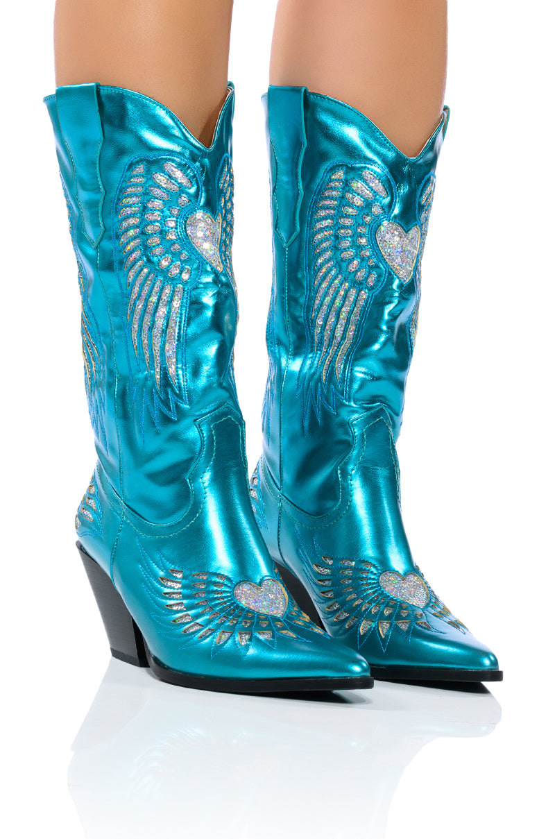Front View Azalea Wang Temple Metallic Bootie In Blue 0