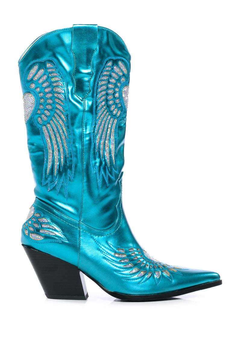 Side View Azalea Wang Temple Metallic Bootie In Blue 1