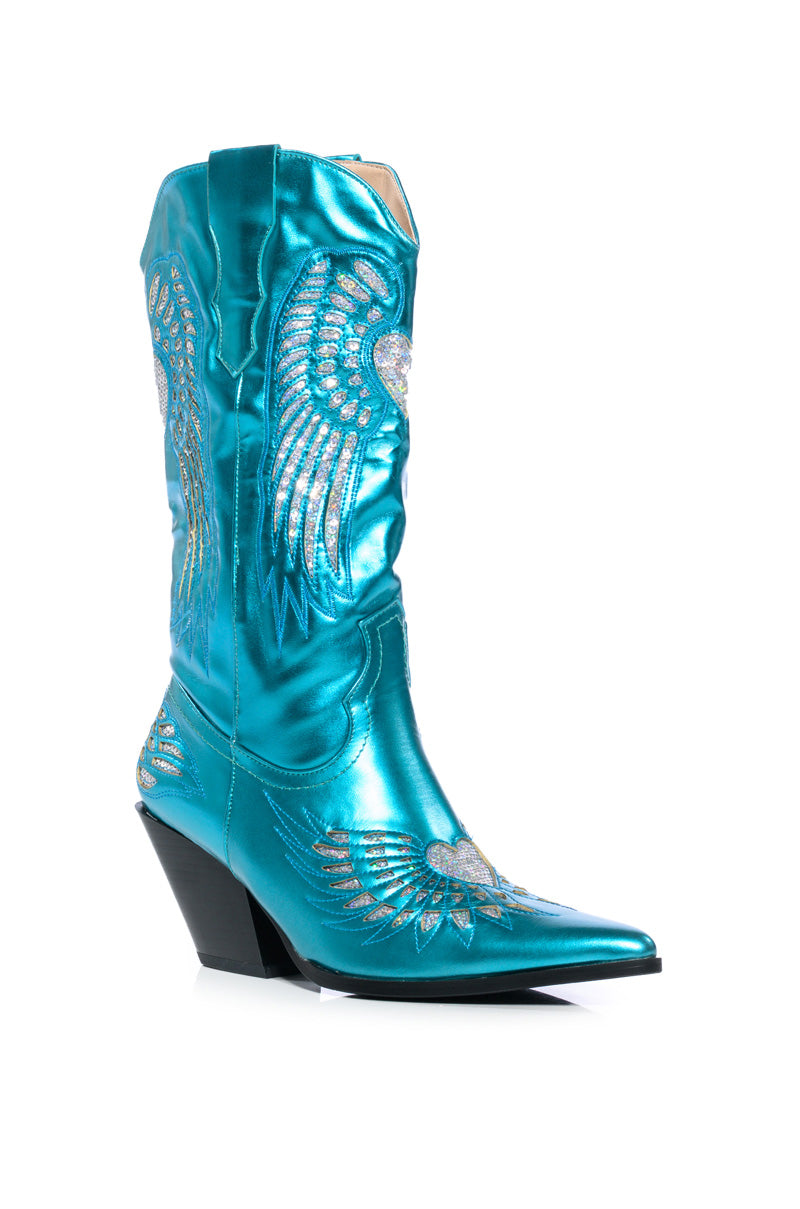 Back View Azalea Wang Temple Metallic Bootie In Blue 2
