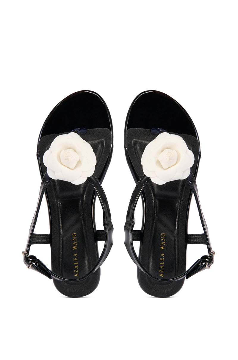 Side View Azalea Wang Tetty Black Flat Sandal With Flower