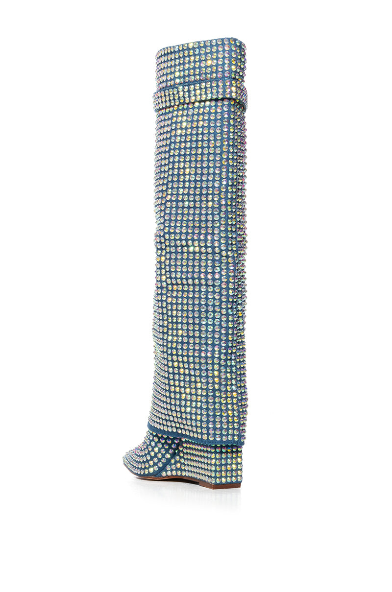 Detail View Azalea Wang The Entertainer Denim Diamond Covered Wedge Boot