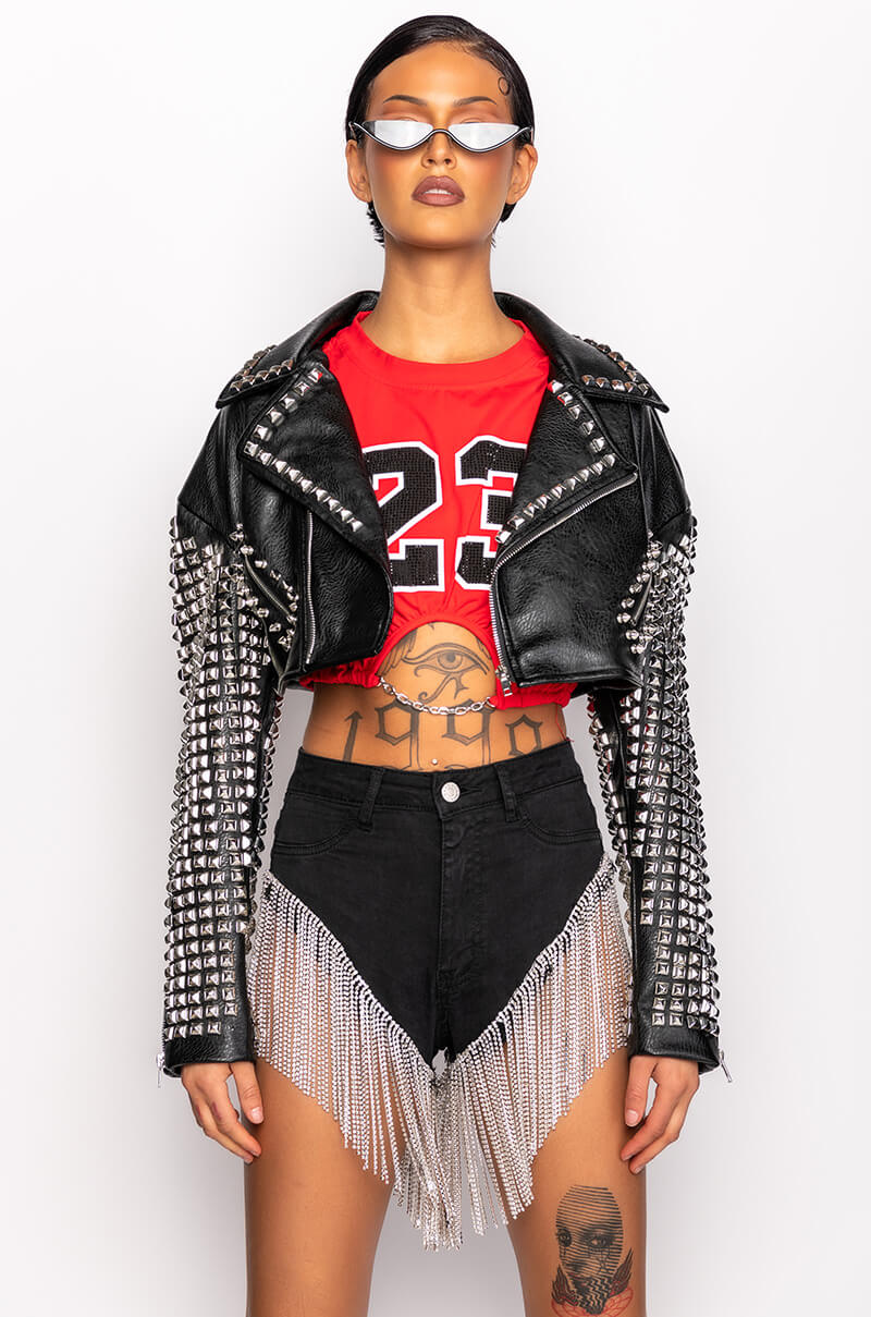 Back View Azalea Wang The Essential Moto Jacket With Studded Arms