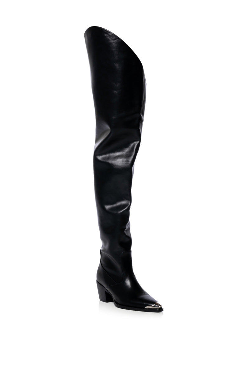 Back View Azalea Wang Thigh High Western Boot In Black