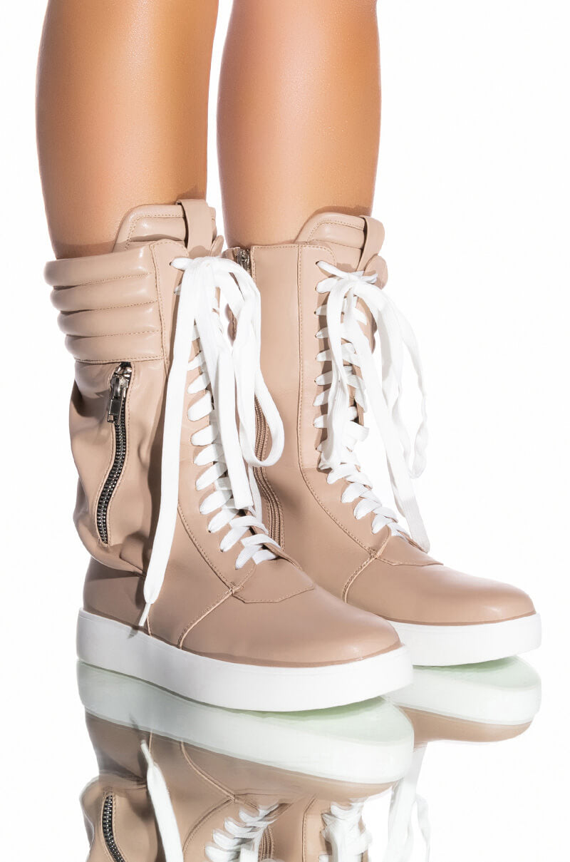 Front View Azalea Wang Throw It Back Mid Calf Flat Sneaker In Bone