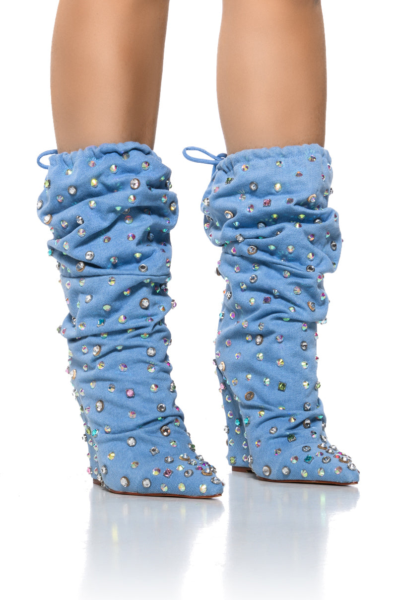 Front View Azalea Wang To The Moon Embellished Wedge Bootie In Denim
