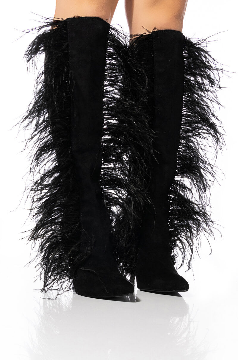 Front View Azalea Wang Tornado Feather Knee High Boot