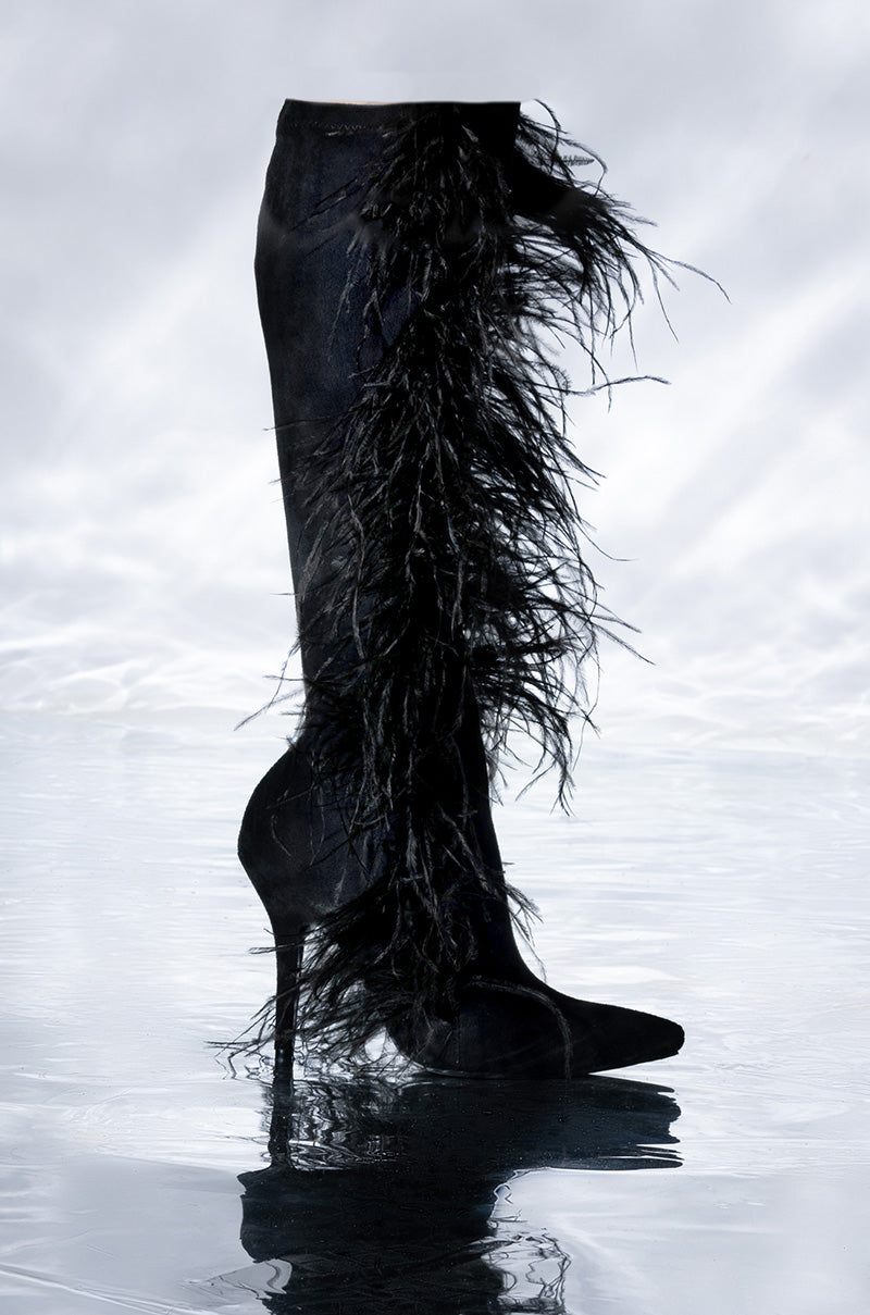 Front View Azalea Wang Tornado Feather Knee High Boot