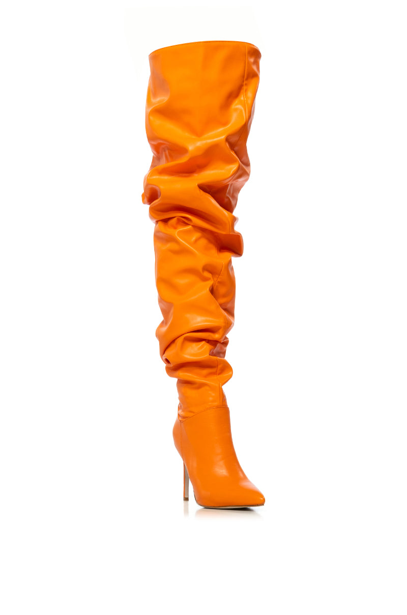 Back View Azalea Wang Torvi Ruched Thigh High Boot In Orange