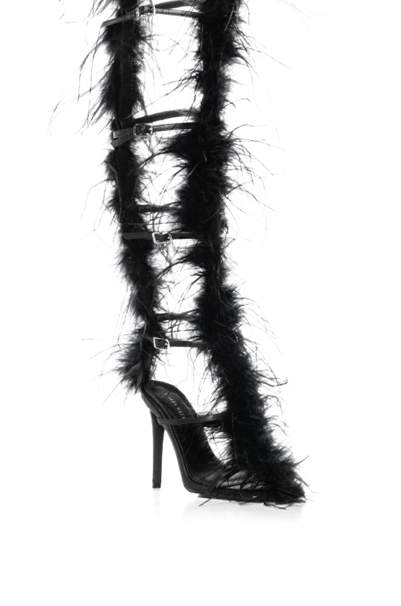 Full View Azalea Wang Trinity Black Strappy Feather Sandal